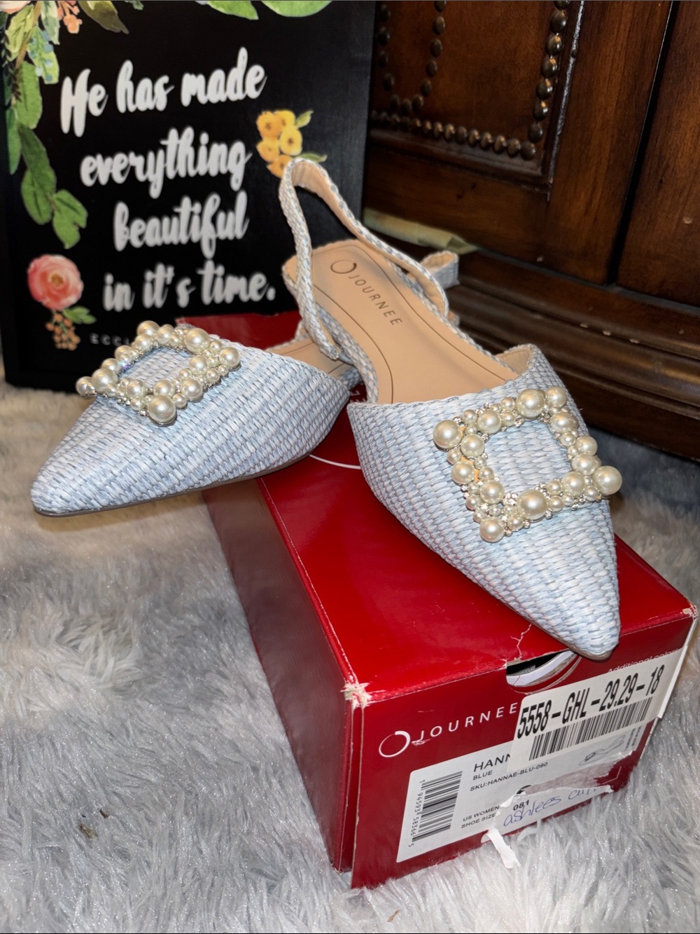 Journee Collection Light Blue Pearl-Buckle Pointed Slingbacks
